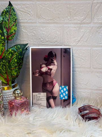 Women's Burgundy Fishnet Lingerie Set with Halter Neck Bra, High-Waist Panty & Thigh-High Stockings