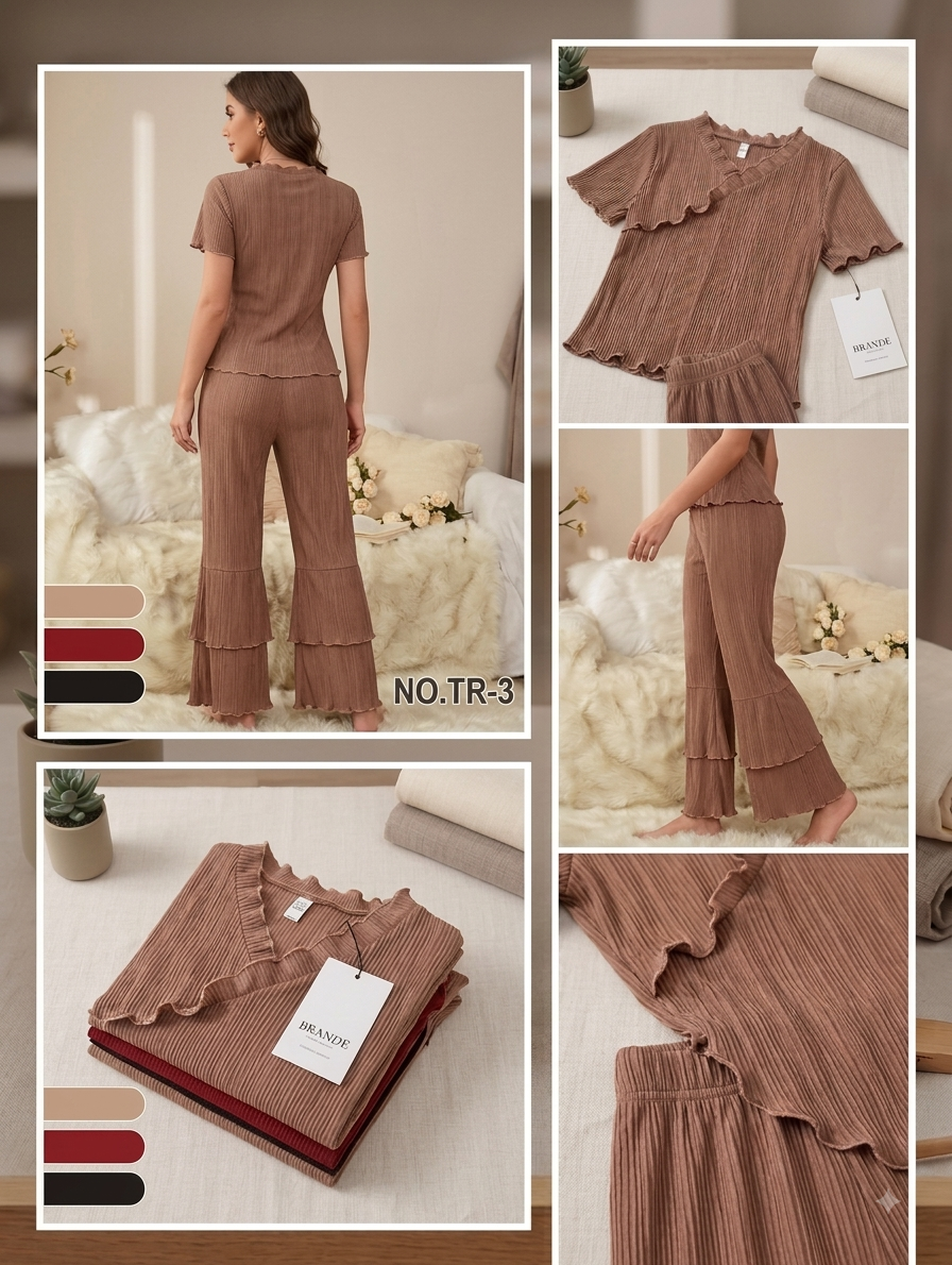 Women's Ribbed Pleated Lounge Set - Ruffle V-Neck Top & Flare Trouser Co-Ord Set (Article: NO.TR-3)