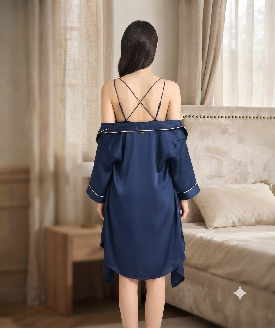 Secret Wears Elegant Satin Nightwear & Robe Set with Contrast Piping