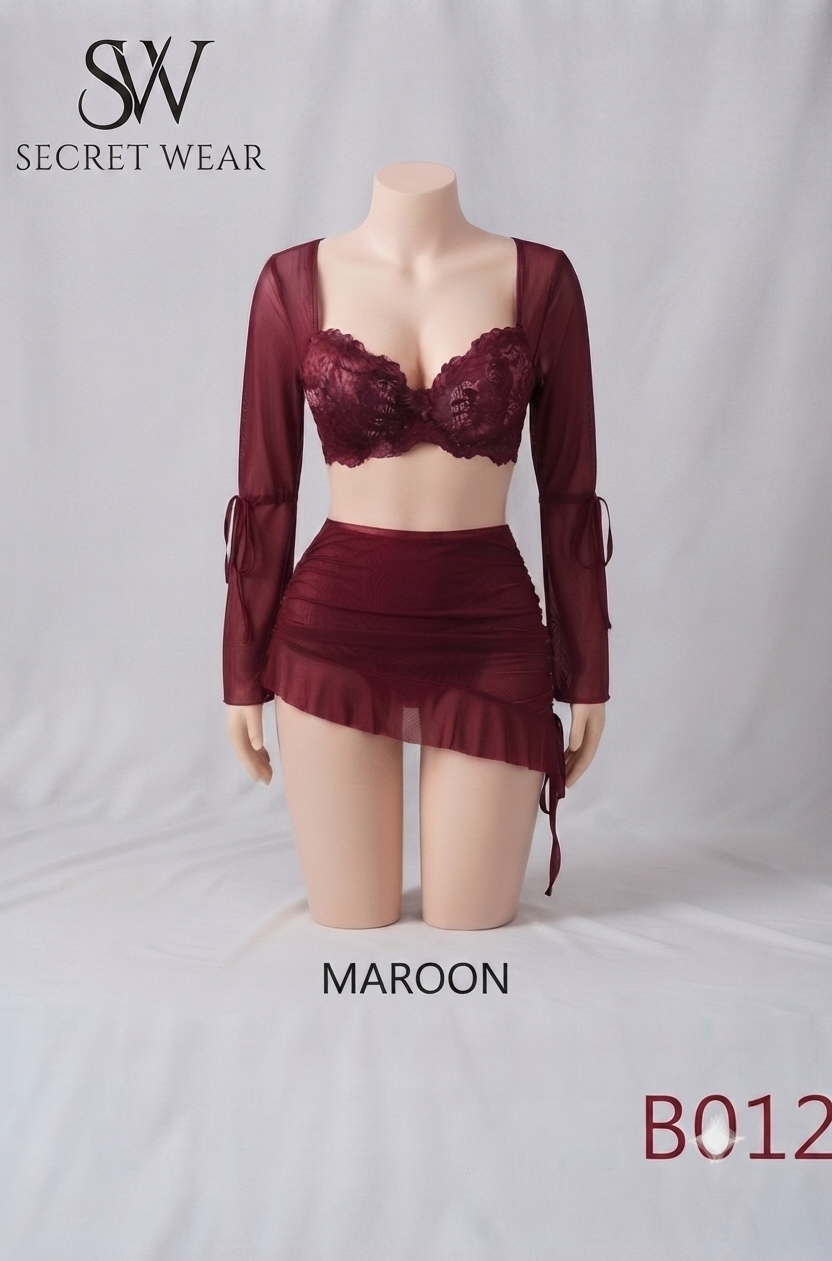 Elegant 2-Piece Sheer Lace Bra, Skirt, and Sleeve Lounge Set (Model: B012)