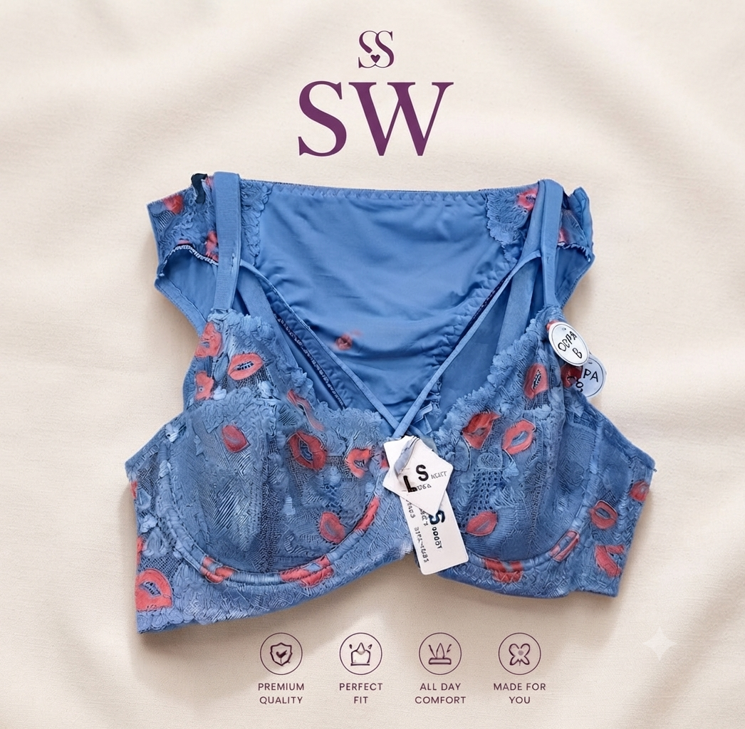 Secret Wears Lace Bra with Red Lips Embroidery – Stylish & Comfortable Bra Set