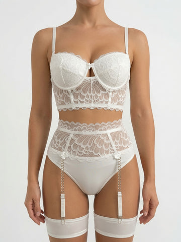(32-42)Hot see through Lace Bra And Brief Set With Garter (W602)