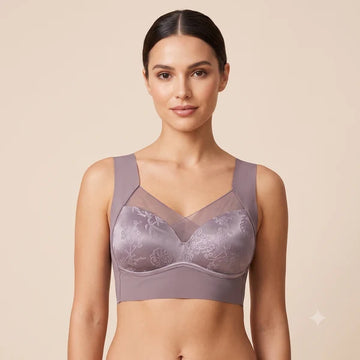 Women's Elegant Floral Jacquard Wireless Comfort Bra with Mesh V-Neck & Wide Support Straps