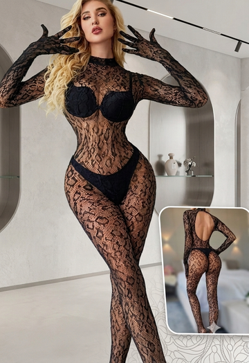 Animal Print / Lace Sheer Bodysuit with Full Sleeves & Attached Gloves
