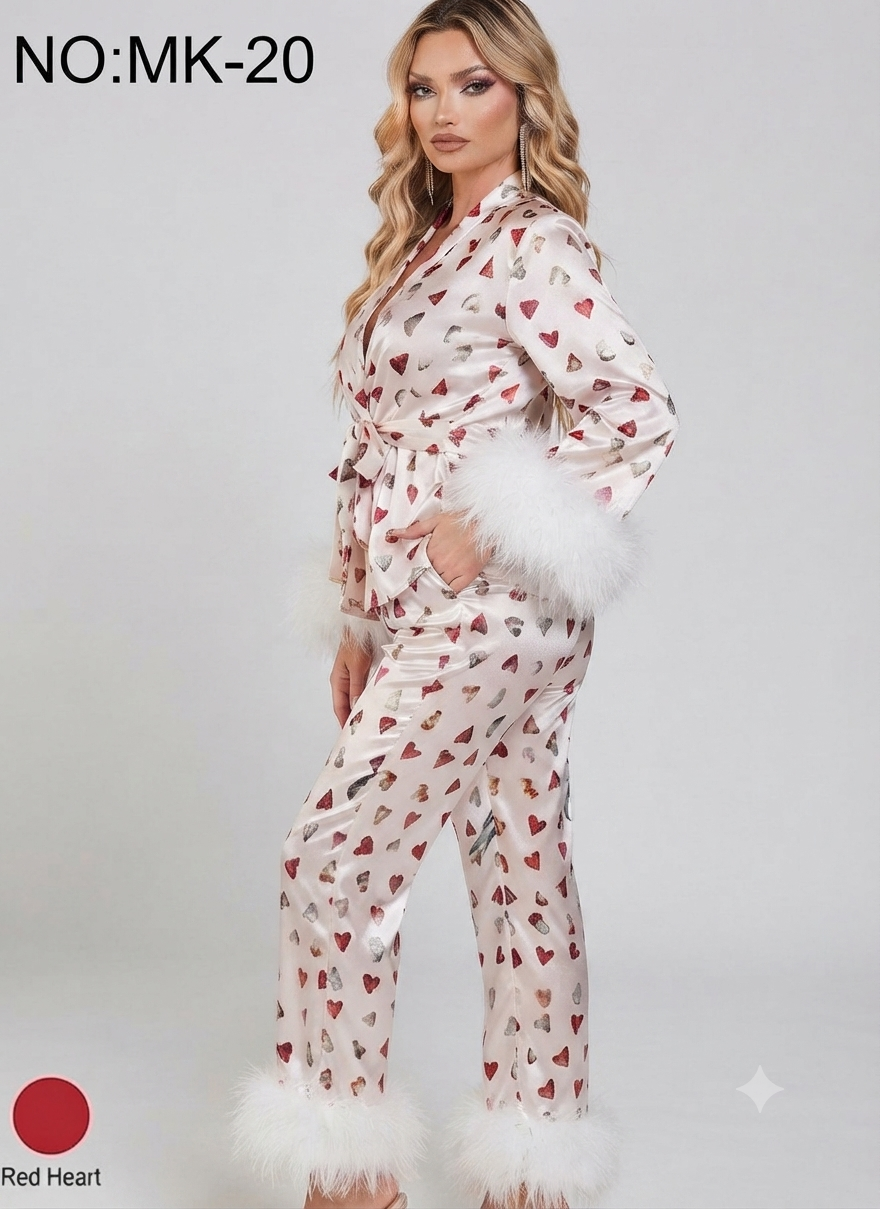 Secret Wears Red Heart Satin Loungewear Set with White Fux Fur Trim (MK-20)