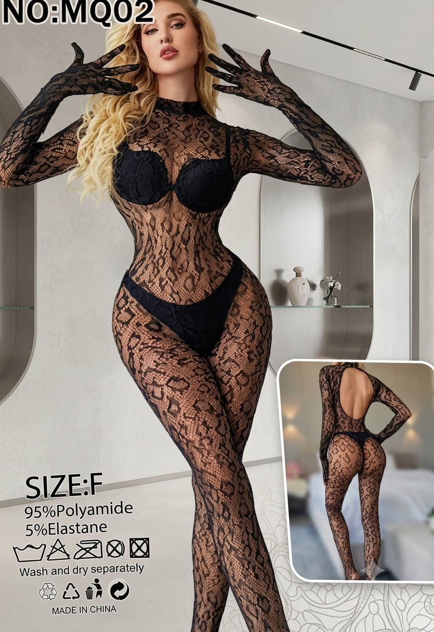 Animal Print / Lace Sheer Bodysuit with Full Sleeves & Attached Gloves