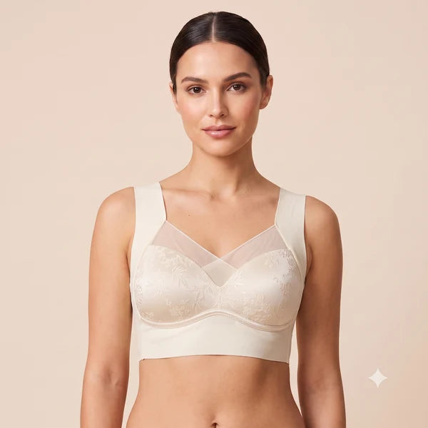 Women's Elegant Floral Jacquard Wireless Comfort Bra with Mesh V-Neck & Wide Support Straps