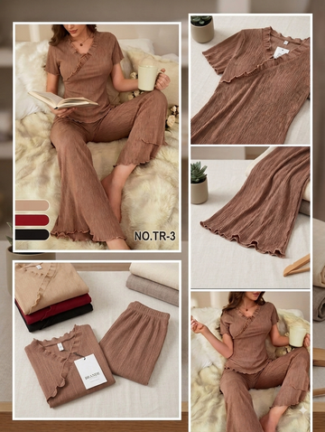 Women's Ribbed Pleated Lounge Set - Ruffle V-Neck Top & Flare Trouser Co-Ord Set (Article: NO.TR-3)