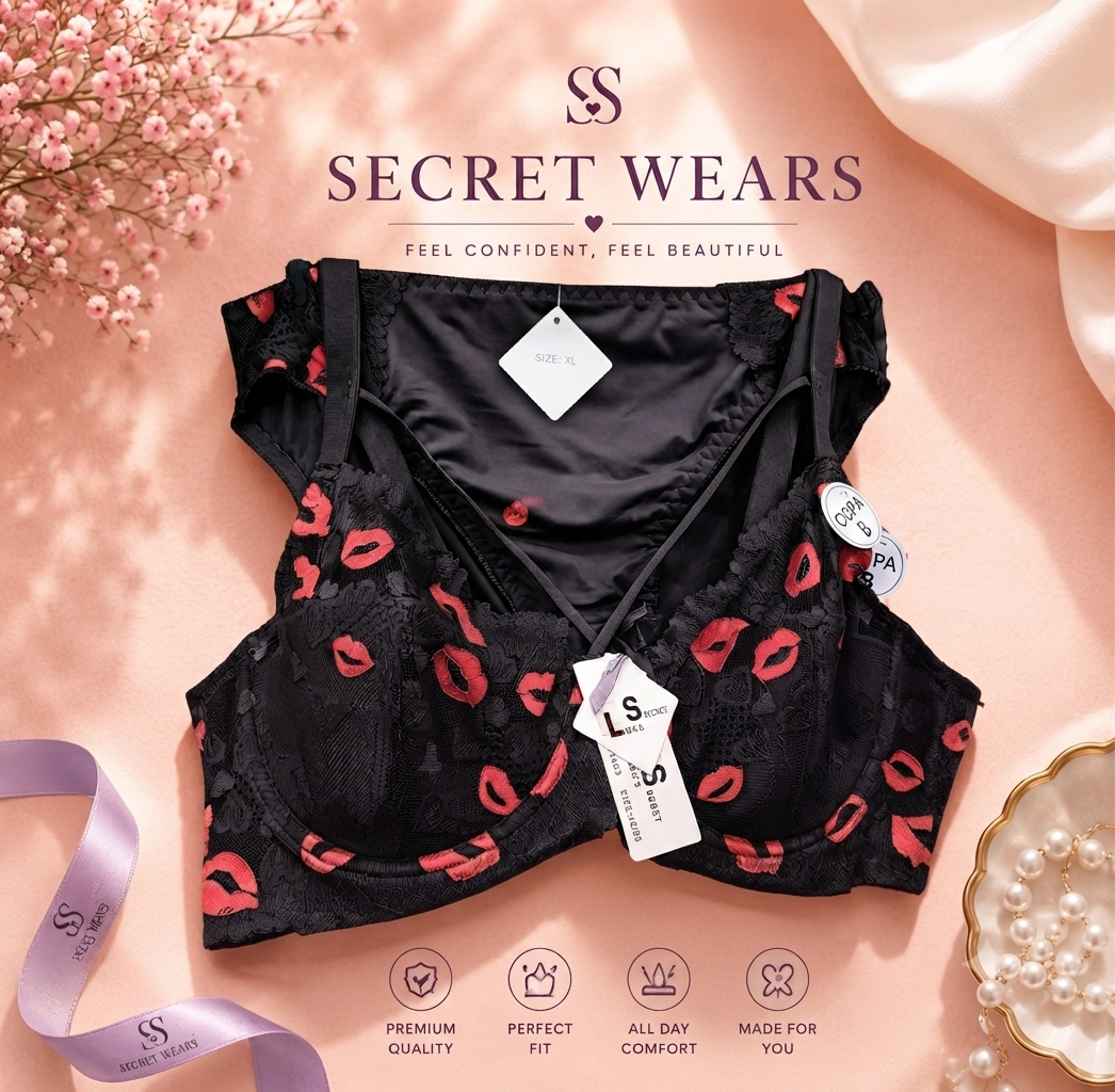 Secret Wears Lace Bra with Red Lips Embroidery – Stylish & Comfortable Bra Set
