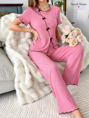 Pink Pleated Lettuce-Trim Loungewear & Night Suit Set with Black Bow Accents