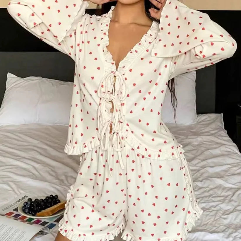 Ruffle Long Sleeved Shirt Shorts Ribbed Pajama Set Knit V Neck Pj 2 Pieces Heart Print Loungewear Woman