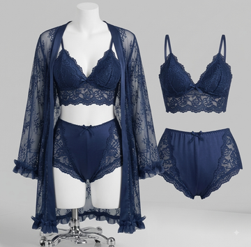 Secret Wears - Luxury 3-Piece Floral Lace Lingerie Set with Sheer Robe