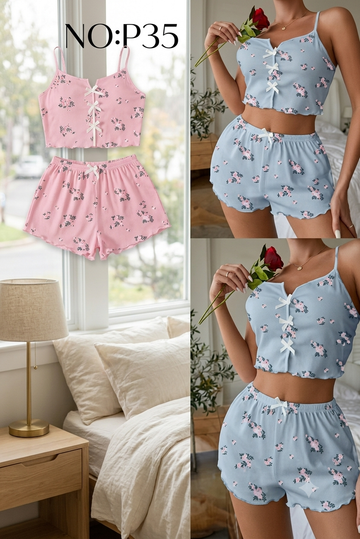 Floral Print Bow-Detail Cami Top and Shorts Lounge Set (NO:P35)