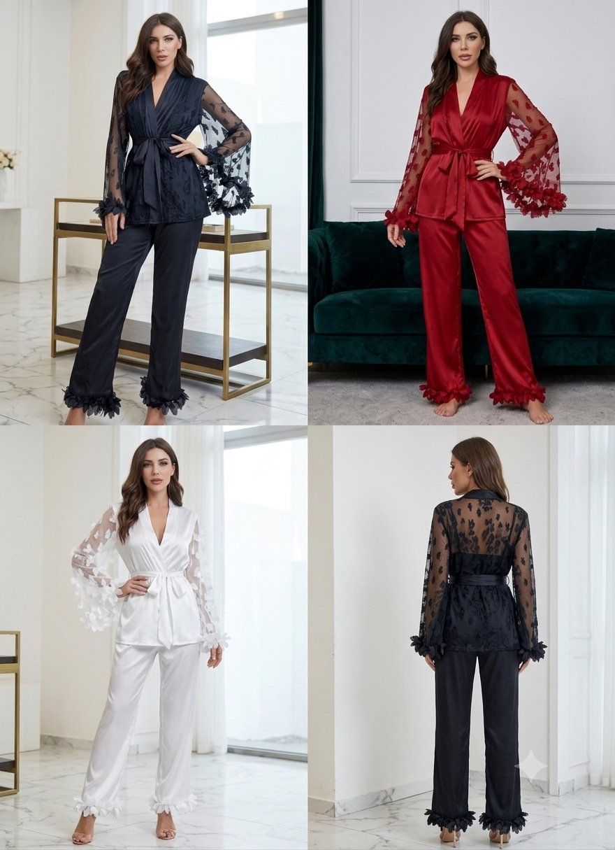 Women's Luxurious Satin & Sheer Mesh Floral Lace Pajama Set – Long Sleeve Wrap Top with Pants