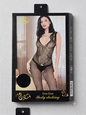 Women's Black Cutout Lace & Fishnet Body Stocking