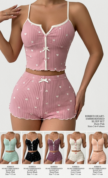 Women's Ribbed Heart-Embroidered Cami & Shorts Sleep Set