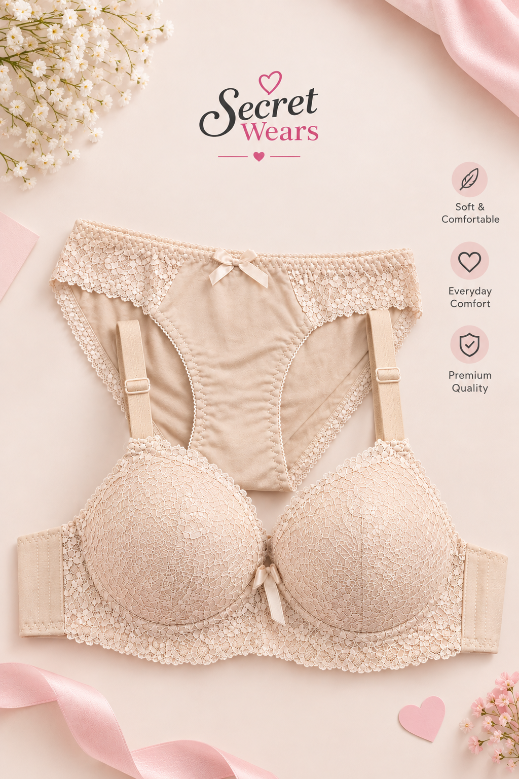 Secret Wears Luxury Lace Bra & Panty Set.