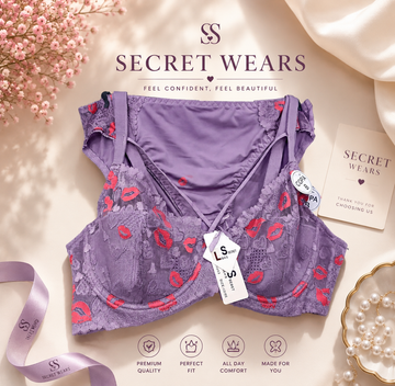 Secret Wears Lace Bra with Red Lips Embroidery – Stylish & Comfortable Bra Set