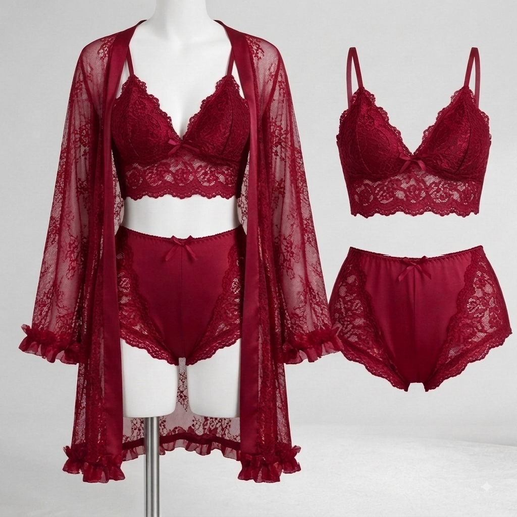 Secret Wears - Luxury 3-Piece Floral Lace Lingerie Set with Sheer Robe